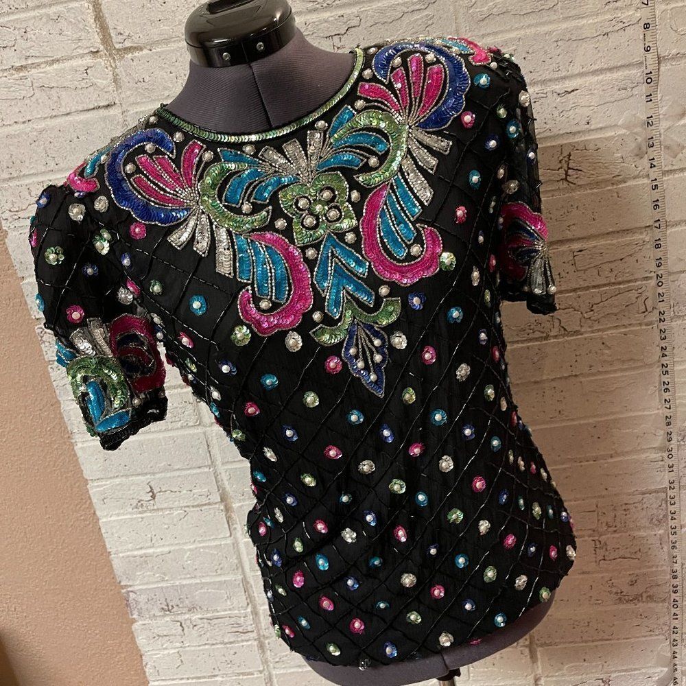 Vintage Sweelo Sequined Party Cocktail Black Pink Top Small